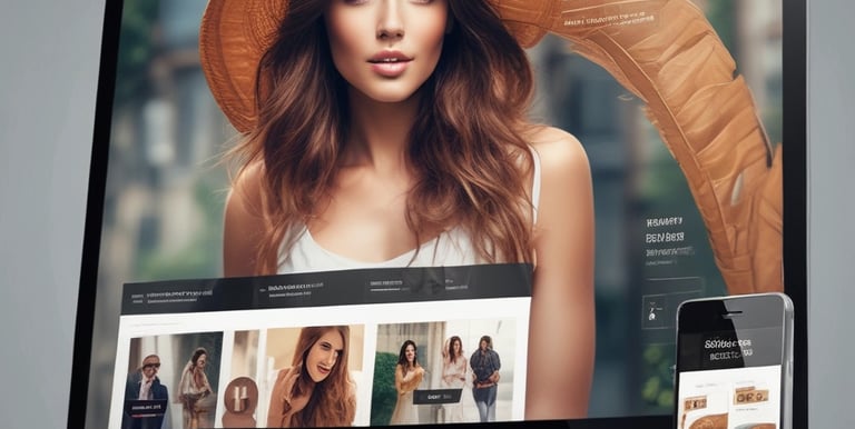 A sleek laptop displaying a premium website design with electric blue accents on a clean white background.