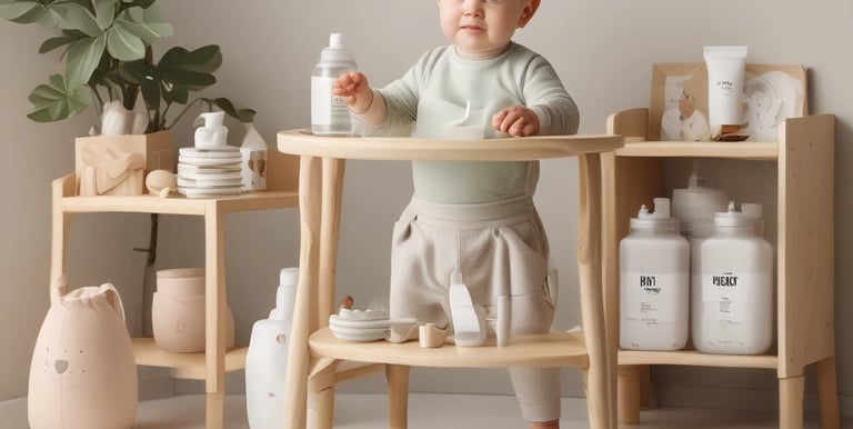 A smiling mother holding her toddler, surrounded by premium baby care products from Germany.