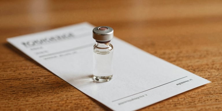 Close-up of a small glass medicine bottle and a prescription slip on a warm wooden surface, gentle indoor light, respectful framing
