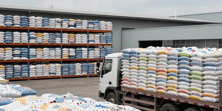 Stacks of packaged confetti ready for wholesale distribution in a modern warehouse.