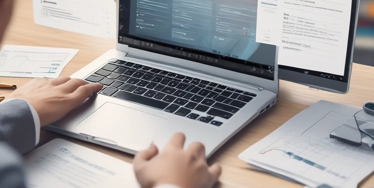 Close-up of hands typing on a laptop with charts and product ratings visible on the screen.