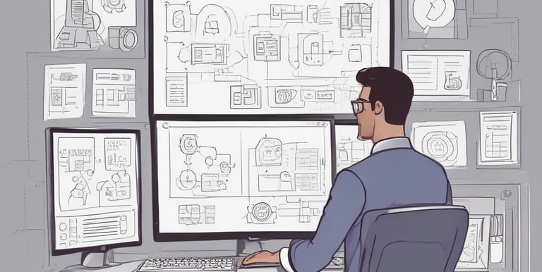 Close-up of hands interacting with futuristic holographic interface showing data and automation flows.