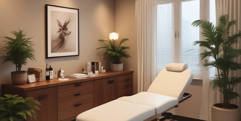 Elegant treatment room bathed in natural light with calming beige and white tones.