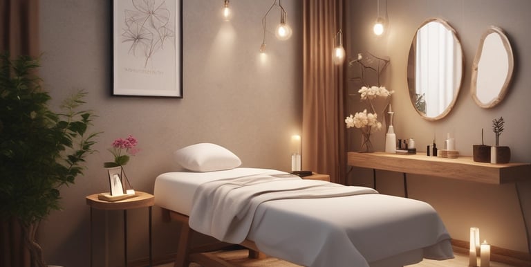 Close-up of gentle hands applying a soothing facial mask in a calm, pastel-colored salon.