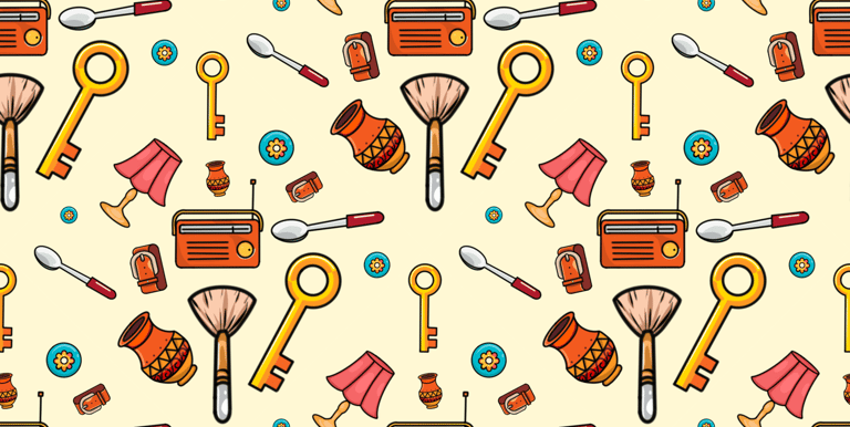 Colorful household items seamless pattern for digital downloads and print on demand products.