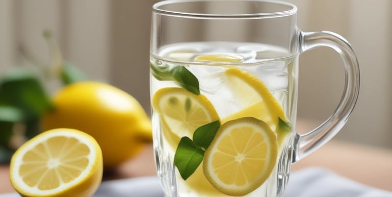 A close-up of fresh fruits and herbal tea on a rustic wooden table.