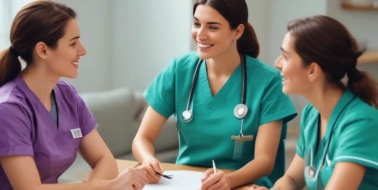 A compassionate nurse assisting an elderly patient in a bright, welcoming home setting.