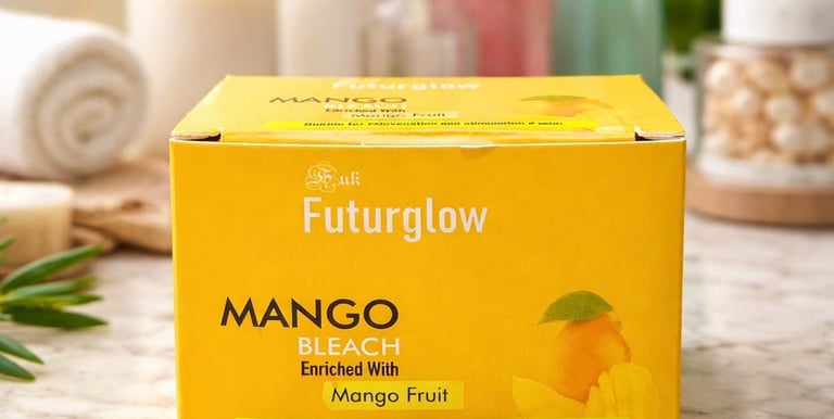 Futurglow Mango Bleach facial kit packaging on a marble surface in a bright spa setting.