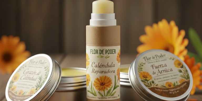 Bálsamos curativos naturales de caléndula y árnica en tubos y latas ecológicos sobre una mesa de mad