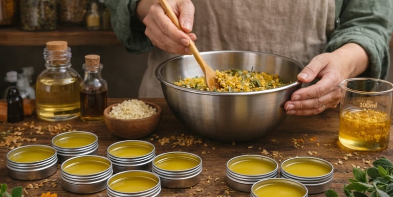 Mezcla a mano hierbas orgánicas en un recipiente de metal para crear bálsamos y ungüentos labiales