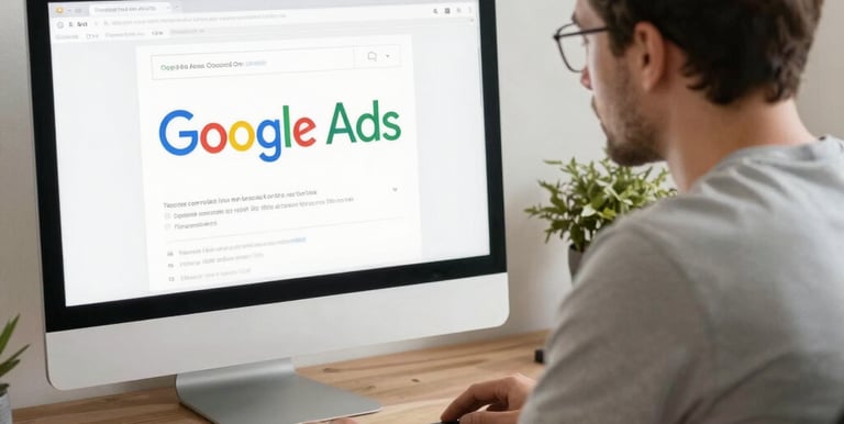 A focused business owner analyzing Google Ads performance charts on a laptop.