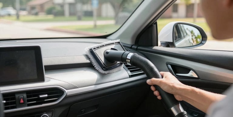 A man uses a portable vacuum cleaner brush attachment to clean dust from a car dashboard.