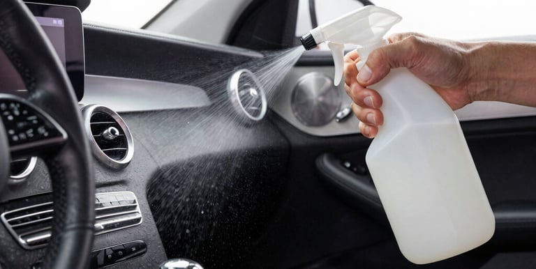 Hand spraying cleaning solution onto a modern luxury car interior for professional auto detailing.