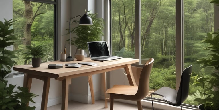 Modern home office with a wooden desk, laptop, and large windows overlooking a lush green forest.