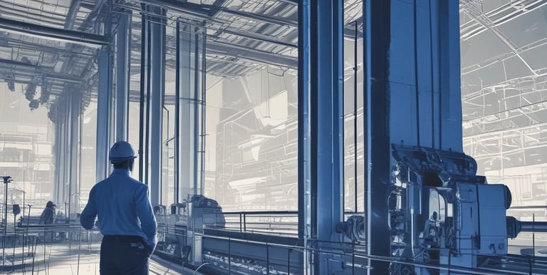 Engineers collaborating over architectural blueprints in a bright, modern workspace.