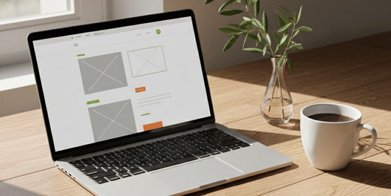 Diseño de página web profesional en portátil y bocetos a mano
