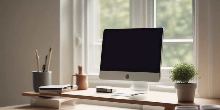 A calm person engaged in a virtual conversation on a laptop, set against a minimalist, cozy background.