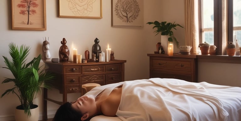 A serene tarot reading setup with colorful cigano cards laid out on a dark wooden table.