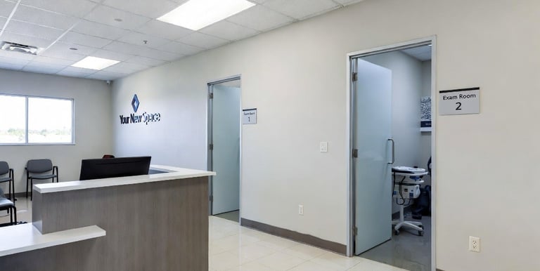 Modern medical office reception desk and waiting area with numbered patient exam rooms.