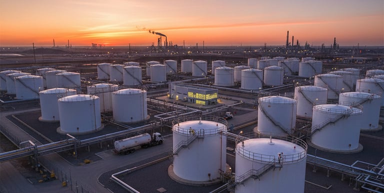 Aerial view of white industrial oil storage tanks at a refinery during a vibrant sunset.