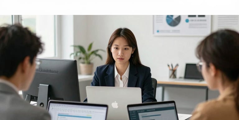 A team collaborating around a table with documents and laptops.