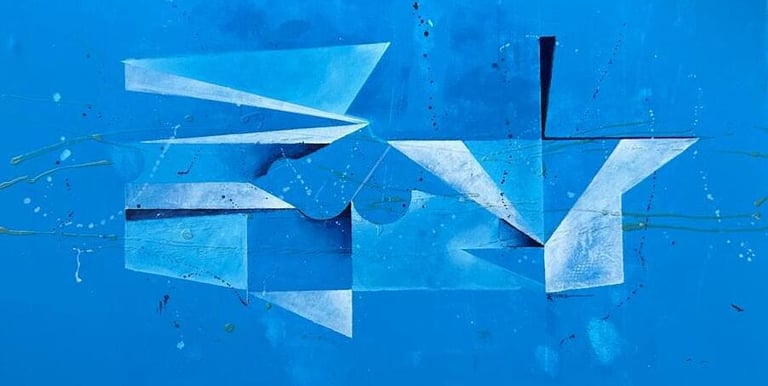 Cuadro abstracto contemporaneo en tonos azules con composicion geometrica