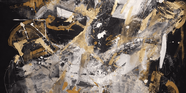 Pintura expresionista abstracta moderna con pinceladas atrevidas en negro, blanco y oro metálico.