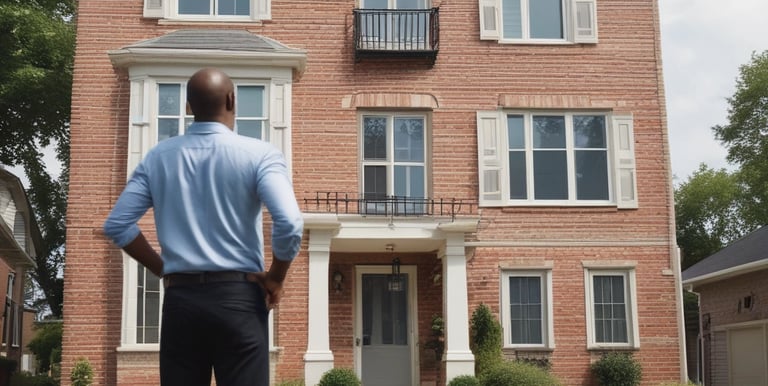 A professional inspector examining a home's roof with a clipboard in hand on a sunny day.
