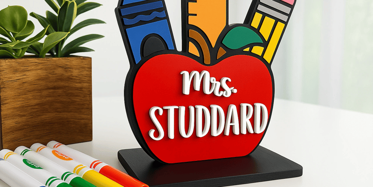 Personalized 3D printed desk sign with pencils and apple. Custom gift for teachers or classrooms.