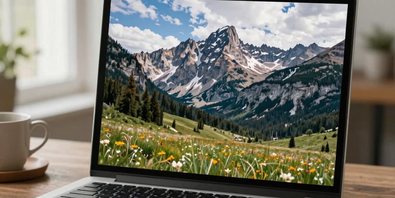 A sleek laptop displaying a modern website design with earthy tones and mountain imagery.