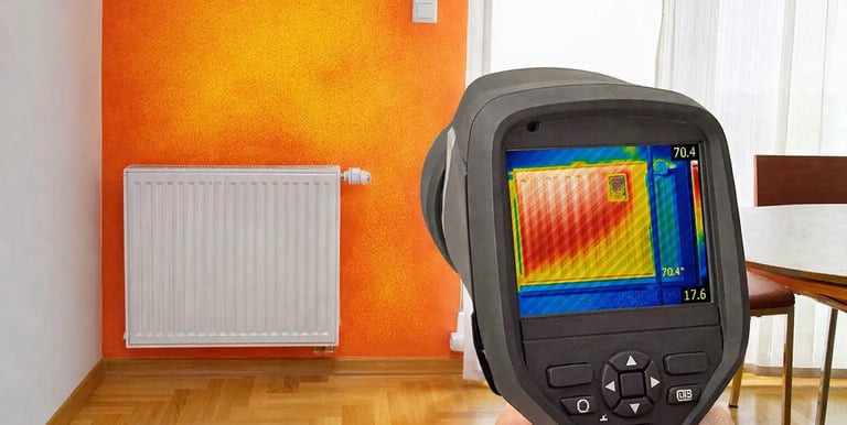 a person holding a camera during an thermographic inspection of a private home