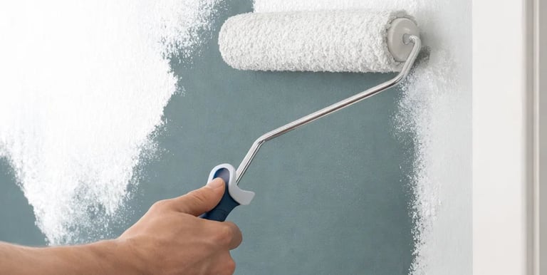 a professional painter is painting an interior  wall with a roller brush