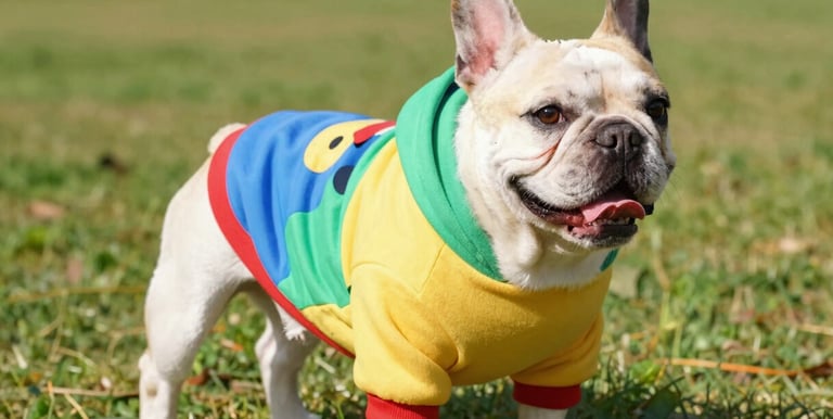 Un bulldog francés color crema, con una sudadera con capucha de un color primario llamativo