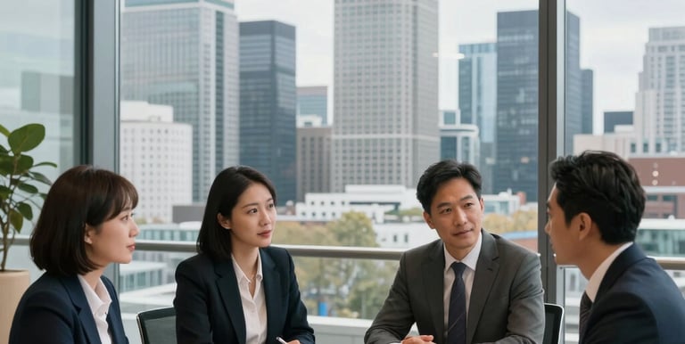 A confident professional reviewing financial documents with a client in a modern London office.