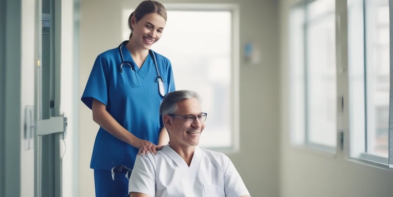 A friendly driver helping a passenger into a comfortable vehicle outside a hospital entrance.