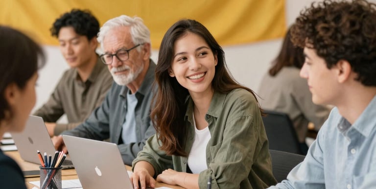 Students sitting in a classroom taking a language exam under supervision.