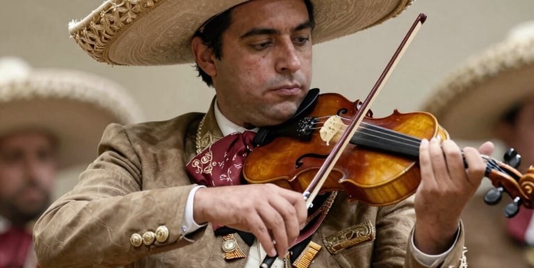 A vibrant mariachi band playing lively music at a colorful outdoor celebration.