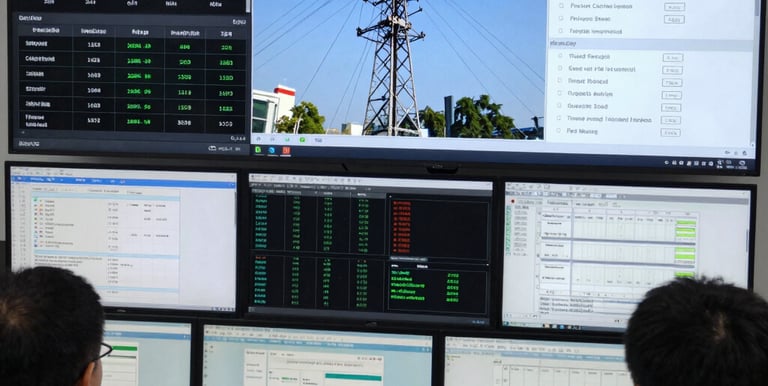 Engineer analyzing electrical grid data on multiple screens in a modern control room.