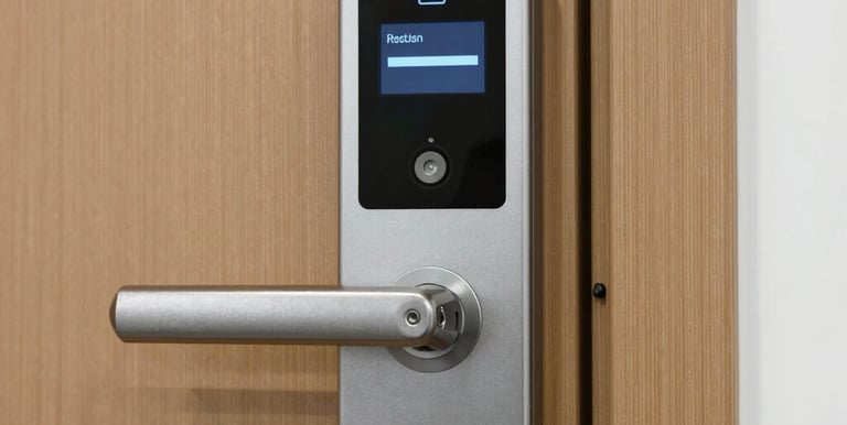 Close-up of a modern access control keypad next to a secure door.