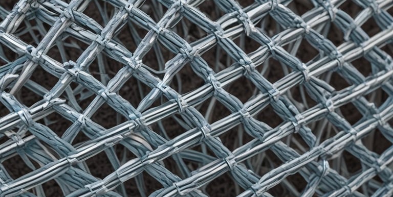 Close-up of galvanized wire mesh rolls stacked in a warehouse.