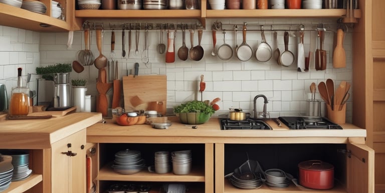 Modern kitchen utensils and cookware neatly arranged on a wooden countertop