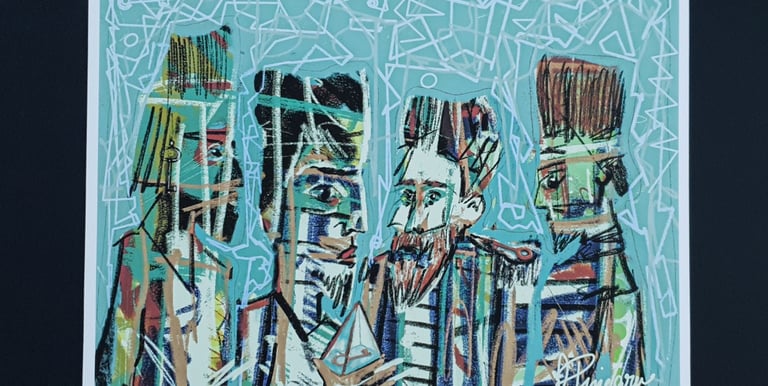 Limitierter Fine-Art-Print mit vier Figuren, Pyramide und versteckten Schlüsseln; Innere Schlüssel.