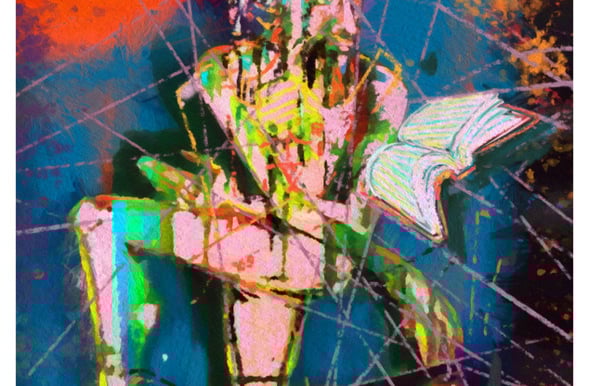 Farbintensiver Fine-Art-Print mit sitzender Figur und aufgeschlagenem Buch in Lichtlinien.