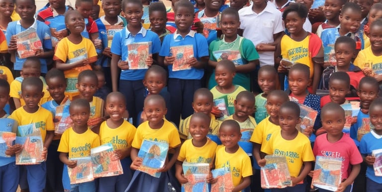A warm classroom scene with children smiling as they receive new school supplies.
