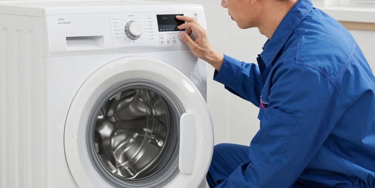 Close-up of a washing machine being serviced by a professional.