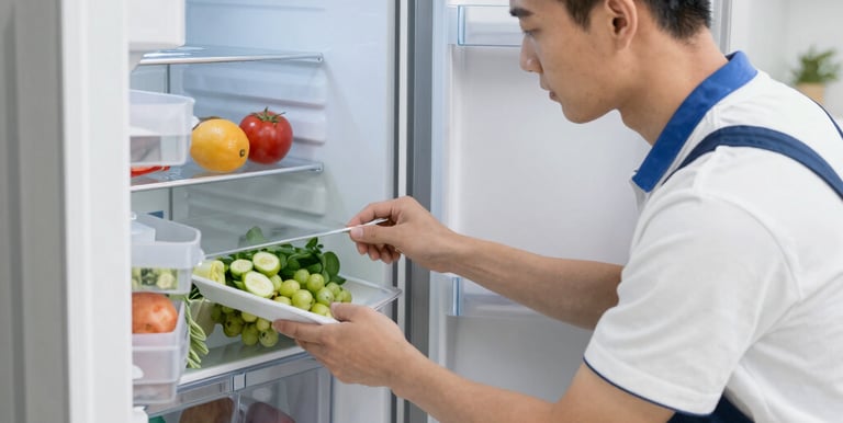 Technician repairing a modern refrigerator in a bright kitchen.