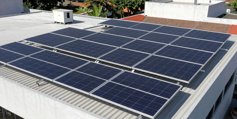 Technician inspecting solar panels on a commercial building rooftop in Tupandi.