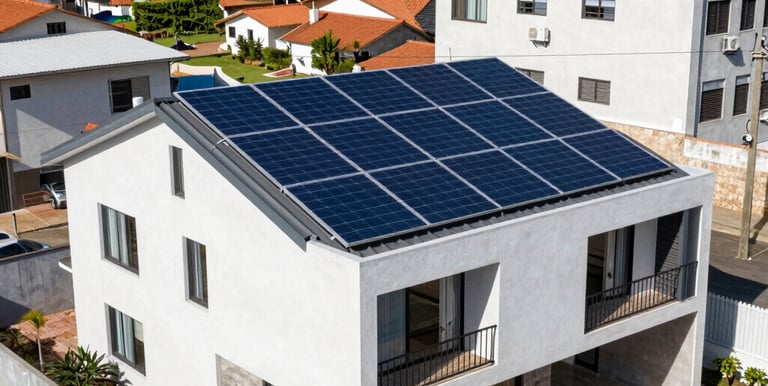 Photovoltaic solar panels installed on a rural house roof under a clear blue sky.