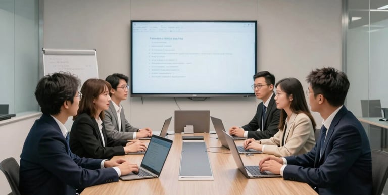 modern conference room with laptops and a  europian look people seetdigital display.