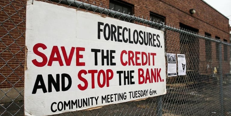 "Sign reading save the credit and stop the bank, representing foreclosure help from local real estate investors."